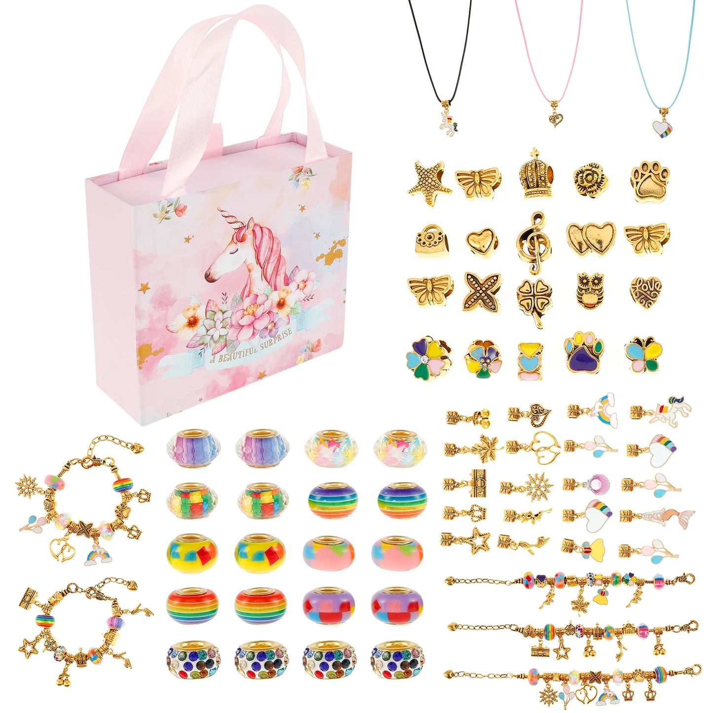 Charm Bracelet Making Kit, Jewellery Making Kit for Girls Gorgeous Rainbow Beads/Mermaid Crafts Gifts Set,Jewelry Making DIY Necklaces Bracelets Headbands Craft Set with Gift Box(67Pcs)