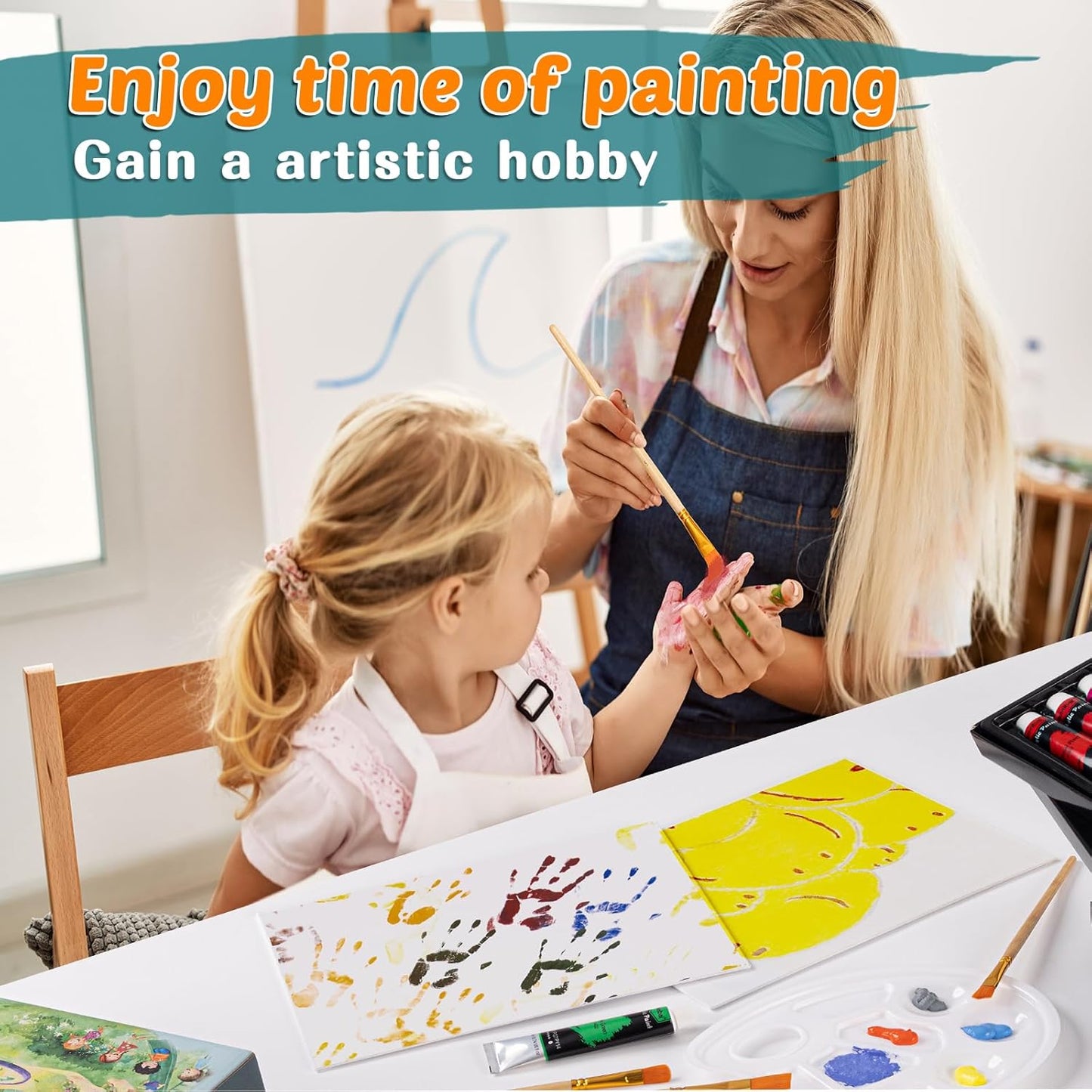 Koseibal Acrylic Paint Set for Kids, Art Painting Supplies Kit with 18 Paints, 5 Canvas Panels, 8 Brushes, Table Easel, Etc, Premium Paint Set for Students, Artists and Beginner.