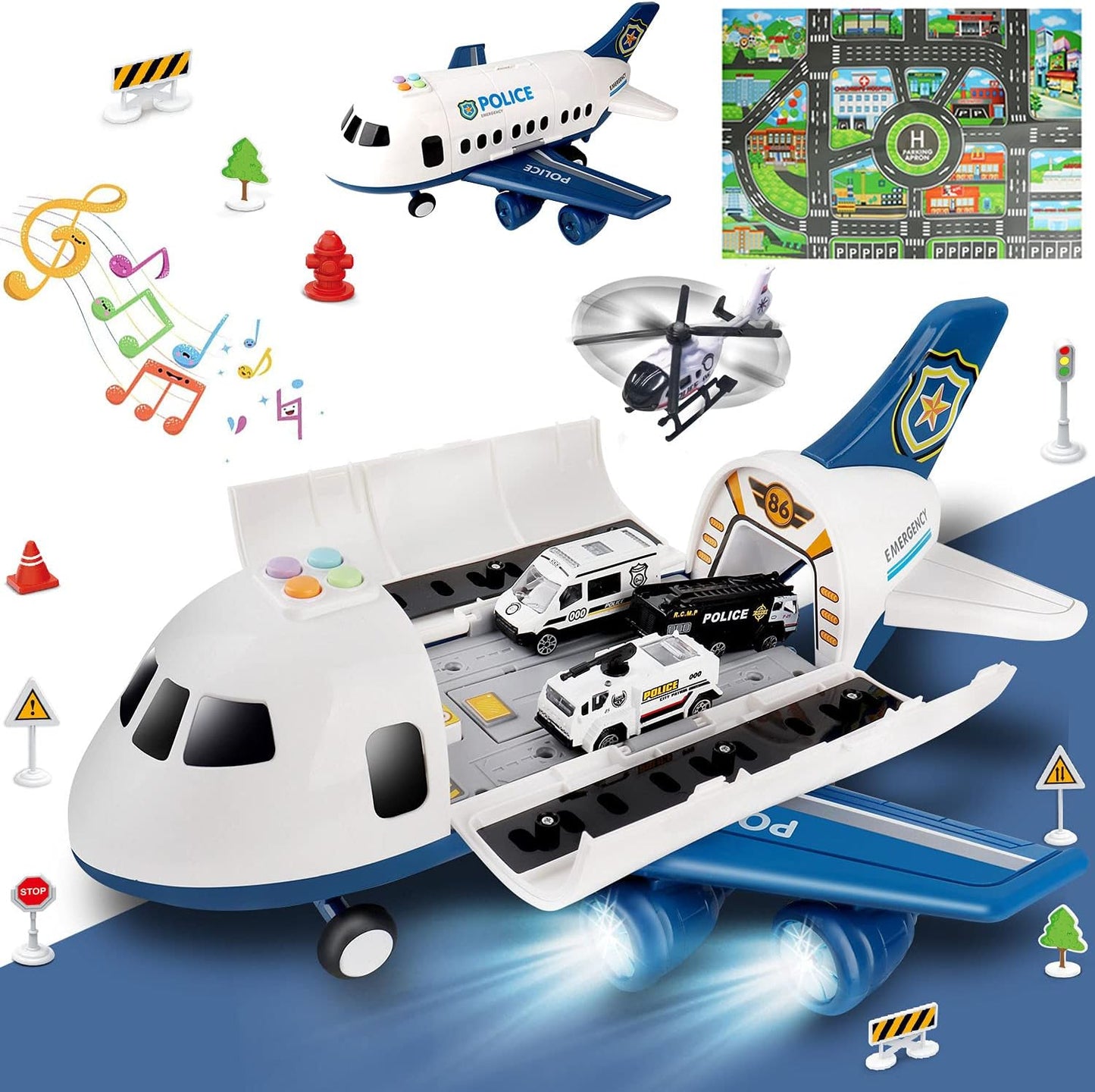 Dwi Dowellin 20-in-1 Transport Carrier Vehicle Set for Toddlers: Cargo Airplane and Police Toys for Boys and Girls Ages 2-7