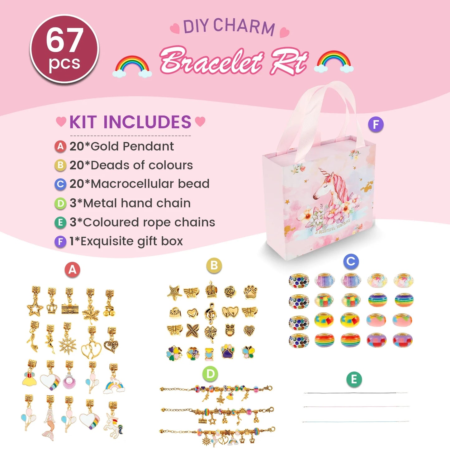 Charm Bracelet Making Kit, Jewellery Making Kit for Girls Gorgeous Rainbow Beads/Mermaid Crafts Gifts Set,Jewelry Making DIY Necklaces Bracelets Headbands Craft Set with Gift Box(67Pcs)