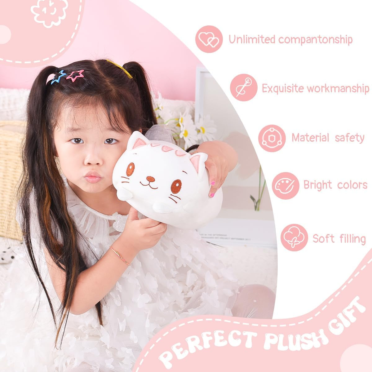 AIXINI 23.6-Inch White Cat Plush Cylindrical Body Pillow - Super Soft Cartoon Hugging Toy Gift