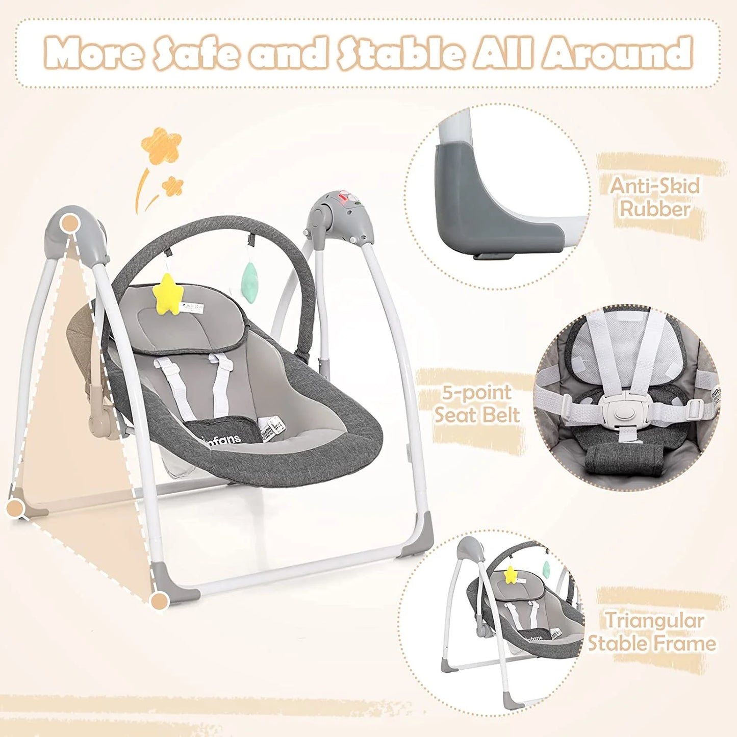 Baby Swing for Infants, Compact Portable Electric Baby Rocker for Newborn W/ 5 Speeds Timing