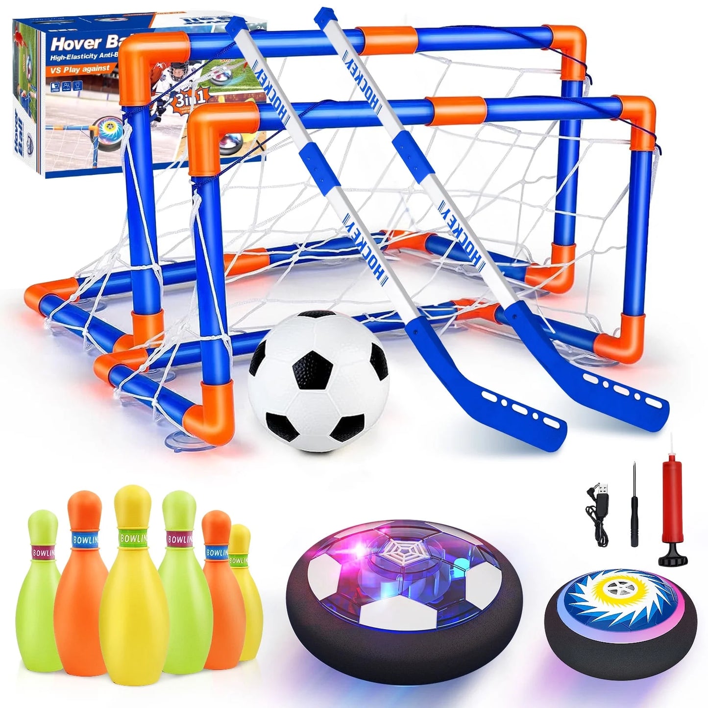 Hover Soccer Ball Set, 3-In-1 LED Soccer Hockey Bowling Set Indoor/Outdoor Toys, Gifts for 3 4 5 6 7 8+ Years Boy Girl