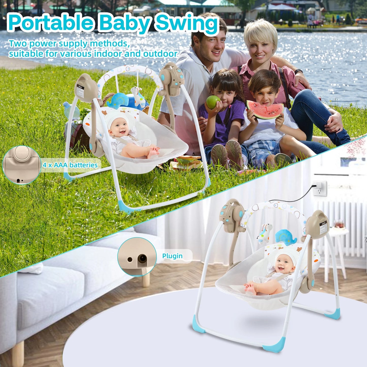 Baby Swing, Foldable Baby Swing for Infants with Adaptable Speeds, Music, 0-9 Months, Khaki
