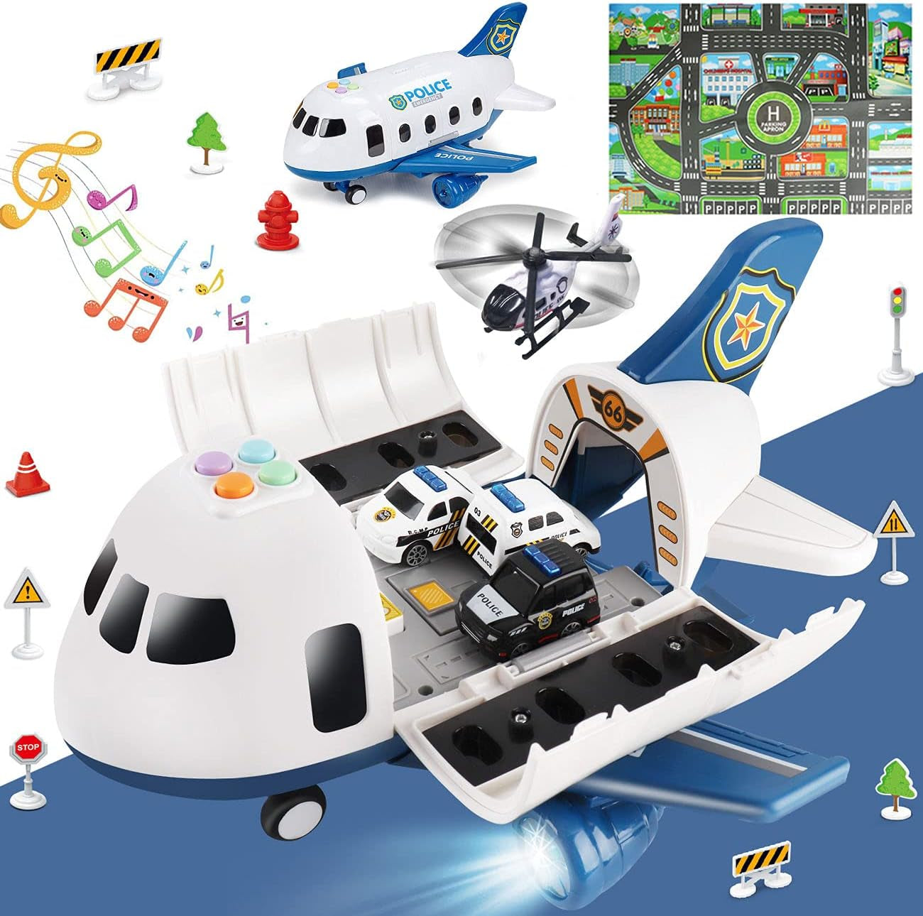 Dwi Dowellin 20-in-1 Transport Carrier Vehicle Set for Toddlers: Cargo Airplane and Police Toys for Boys and Girls Ages 2-7