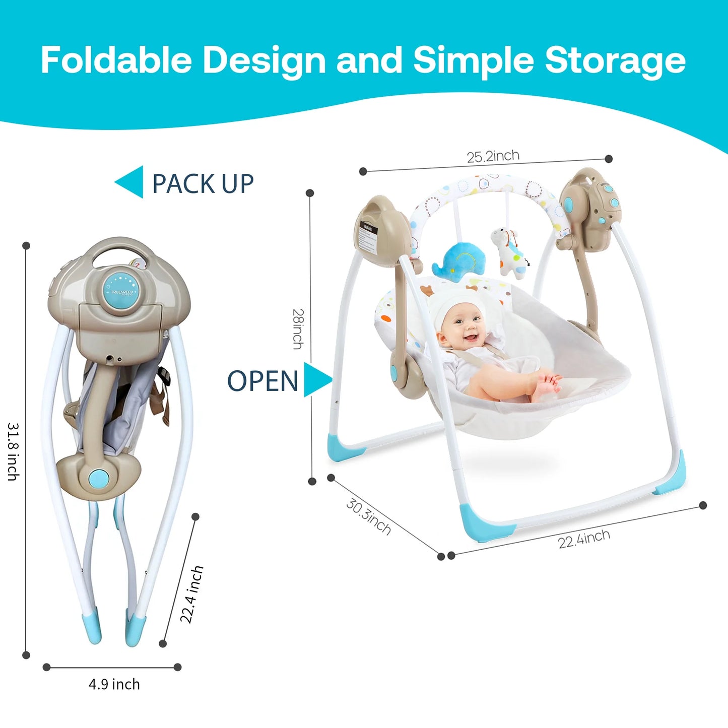 Baby Swing, Foldable Baby Swing for Infants with Adaptable Speeds, Music, 0-9 Months, Khaki
