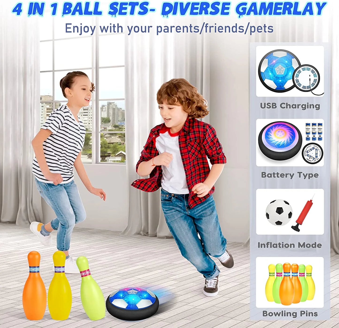 Hover Soccer Ball Set, 3-In-1 LED Soccer Hockey Bowling Set Indoor/Outdoor Toys, Gifts for 3 4 5 6 7 8+ Years Boy Girl