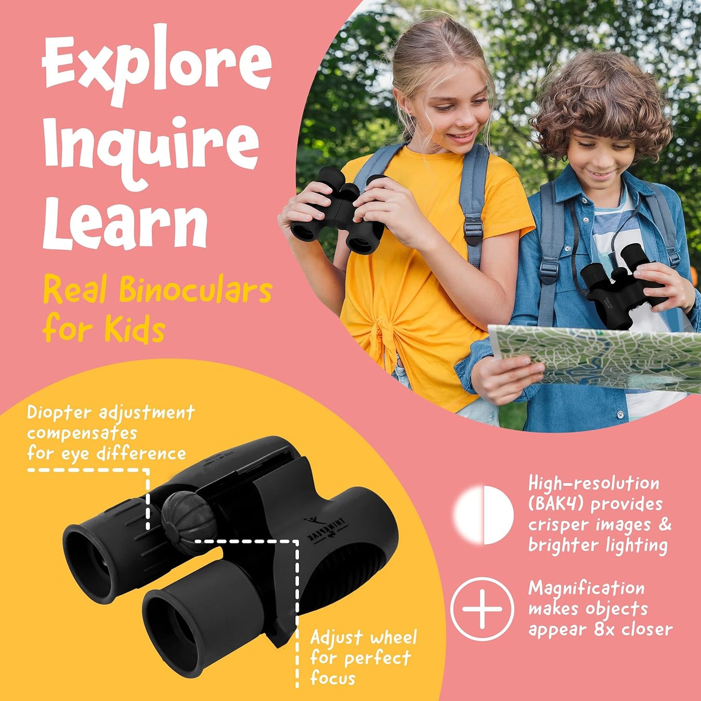 Think Peak Black Binoculars - Compact STEM Educational Outdoor Adventure Toy for Children Ages 4-8, Ideal for Bird Watching, Camping, and Nature Exploration