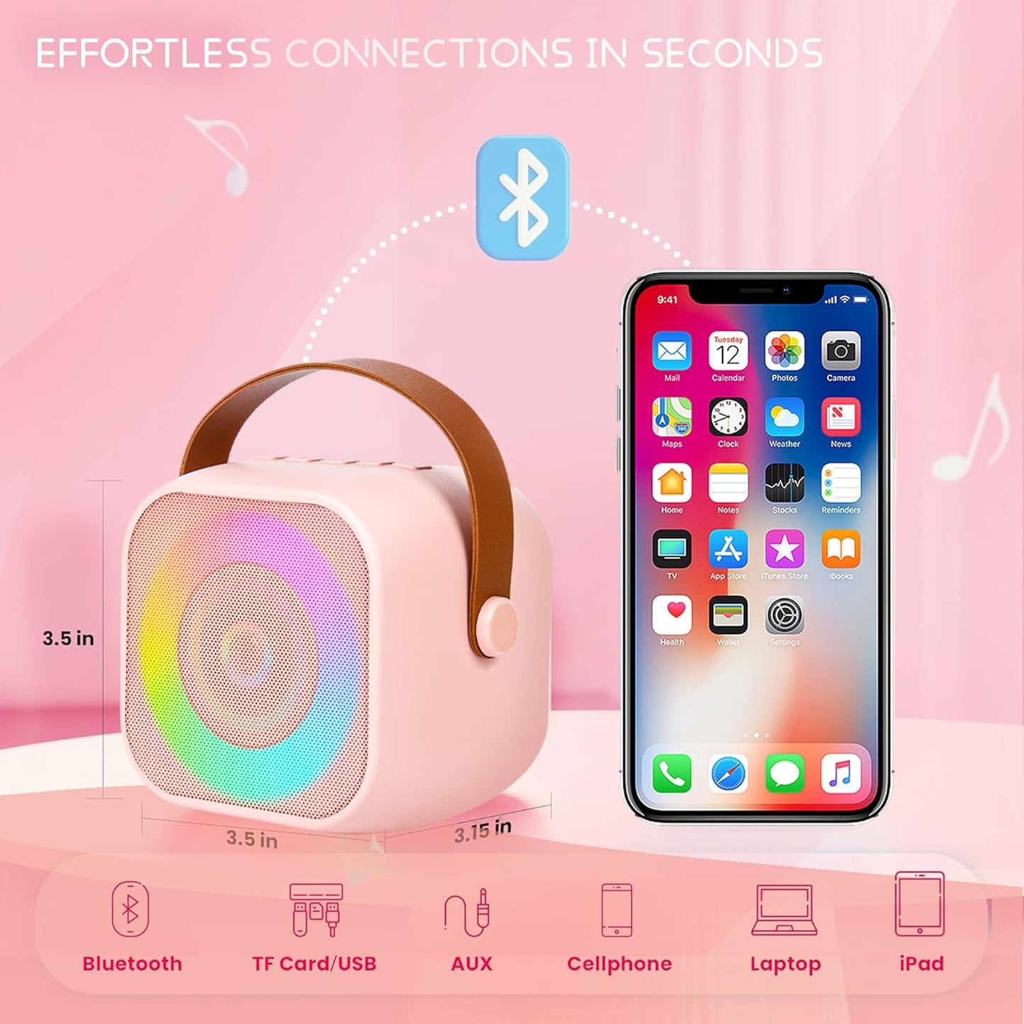 Karaoke Machine for Kids Adults, Mini Portable Bluetooth Karaoke Speaker with 2 Wireless Microphone and Lights, Birthday Gifts for Girls Ages 4, 5, 6, 7, 8, 9, 10, 12+ Family Home Party (Pink)