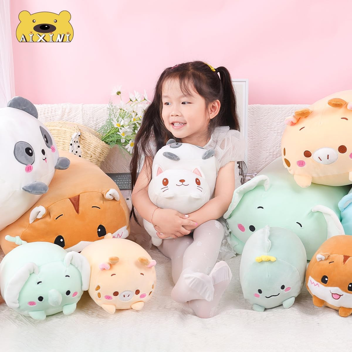 AIXINI 23.6-Inch White Cat Plush Cylindrical Body Pillow - Super Soft Cartoon Hugging Toy Gift
