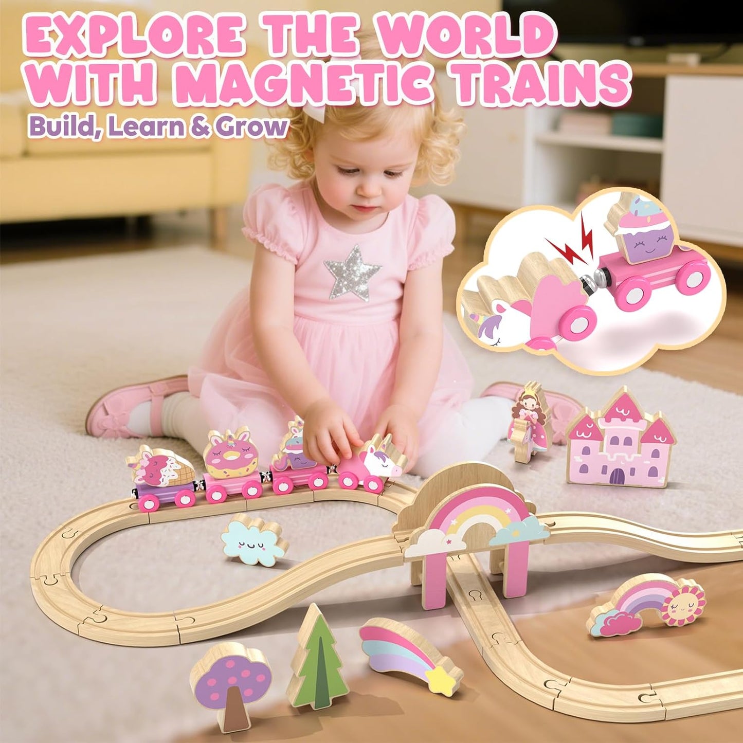 Lehoo Castle Wooden Train Set, Train Set for Toddlers 2-4, Wooden Train Track for Girls, Unicorn Toys for Girls Age 4-6, Toys for 3 4 5 6 Year Old Girls