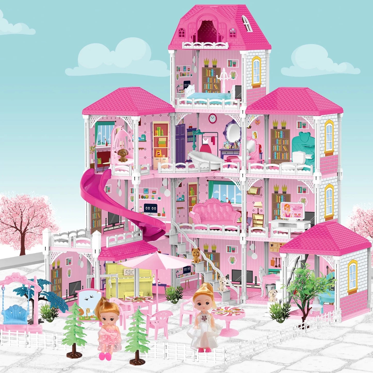 Dollhouse for Girls,4 Stories 12 Rooms Dollhouse with 2 Princesses Slide Accessories,Toddler Playhouse Gift for for 3 -6 Year Old Girls Toys