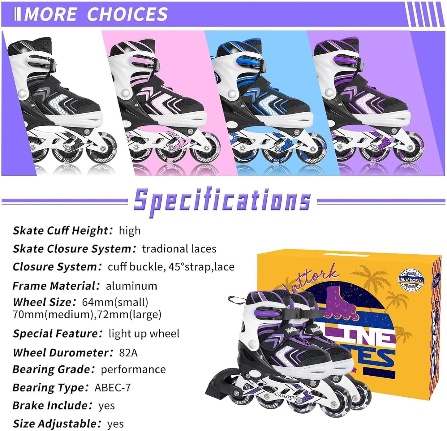 Nattork Adjustable Inline Skates for Girls and Boys with Full Light up Wheels, Beginner Roller Skates for Kids Youth Purple Pink Blue Black