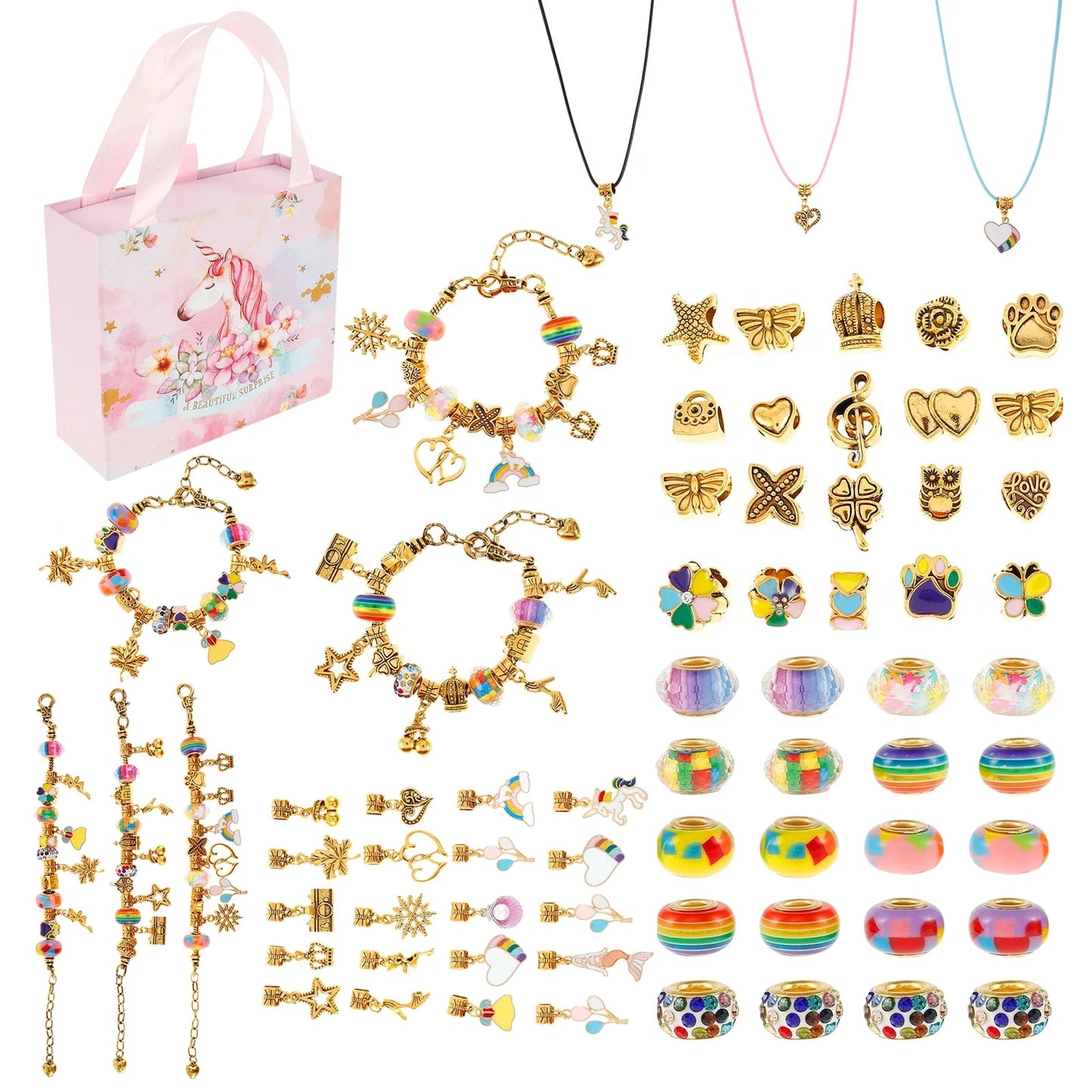 Charm Bracelet Making Kit, Jewellery Making Kit for Girls Gorgeous Rainbow Beads/Mermaid Crafts Gifts Set,Jewelry Making DIY Necklaces Bracelets Headbands Craft Set with Gift Box(67Pcs)