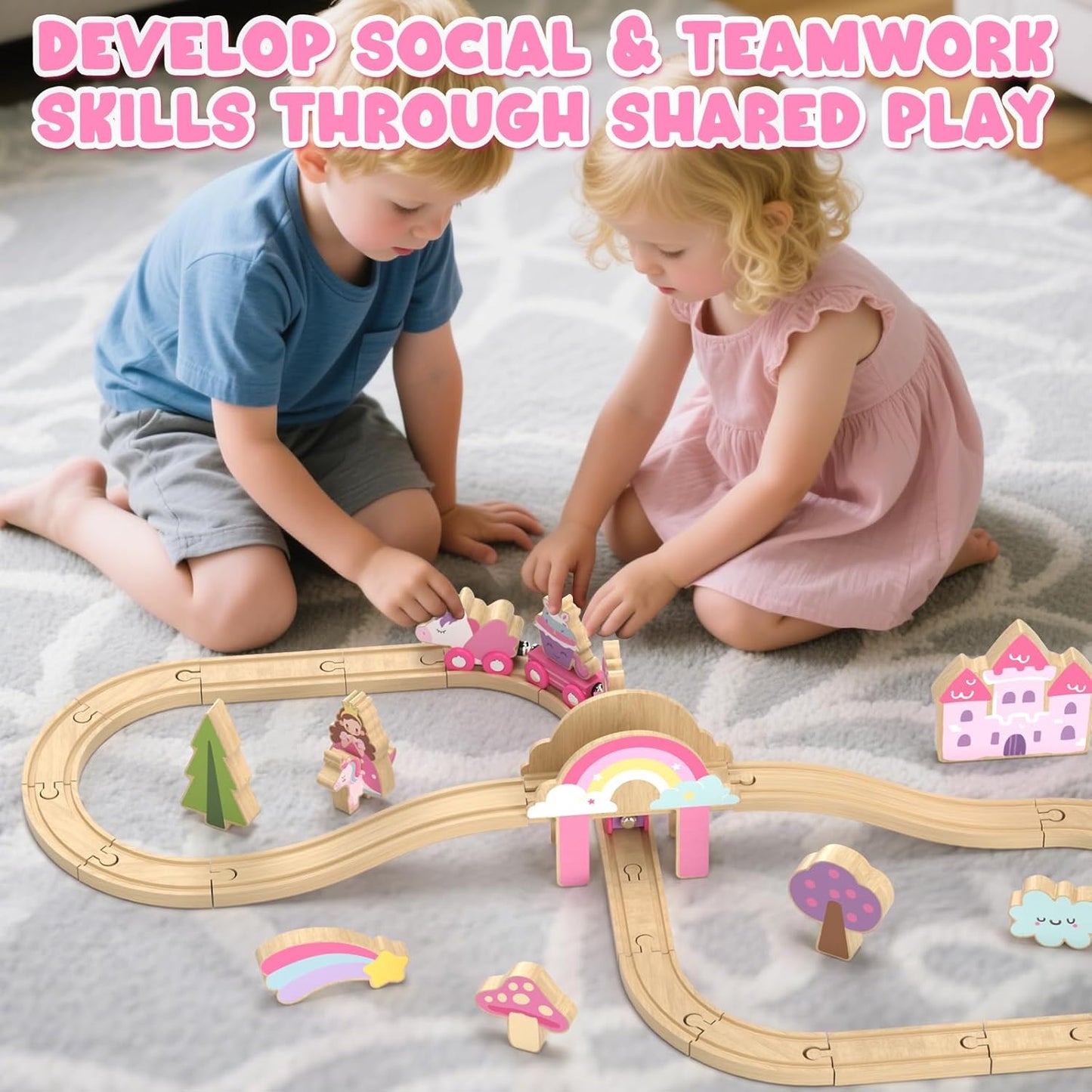 Lehoo Castle Wooden Train Set, Train Set for Toddlers 2-4, Wooden Train Track for Girls, Unicorn Toys for Girls Age 4-6, Toys for 3 4 5 6 Year Old Girls