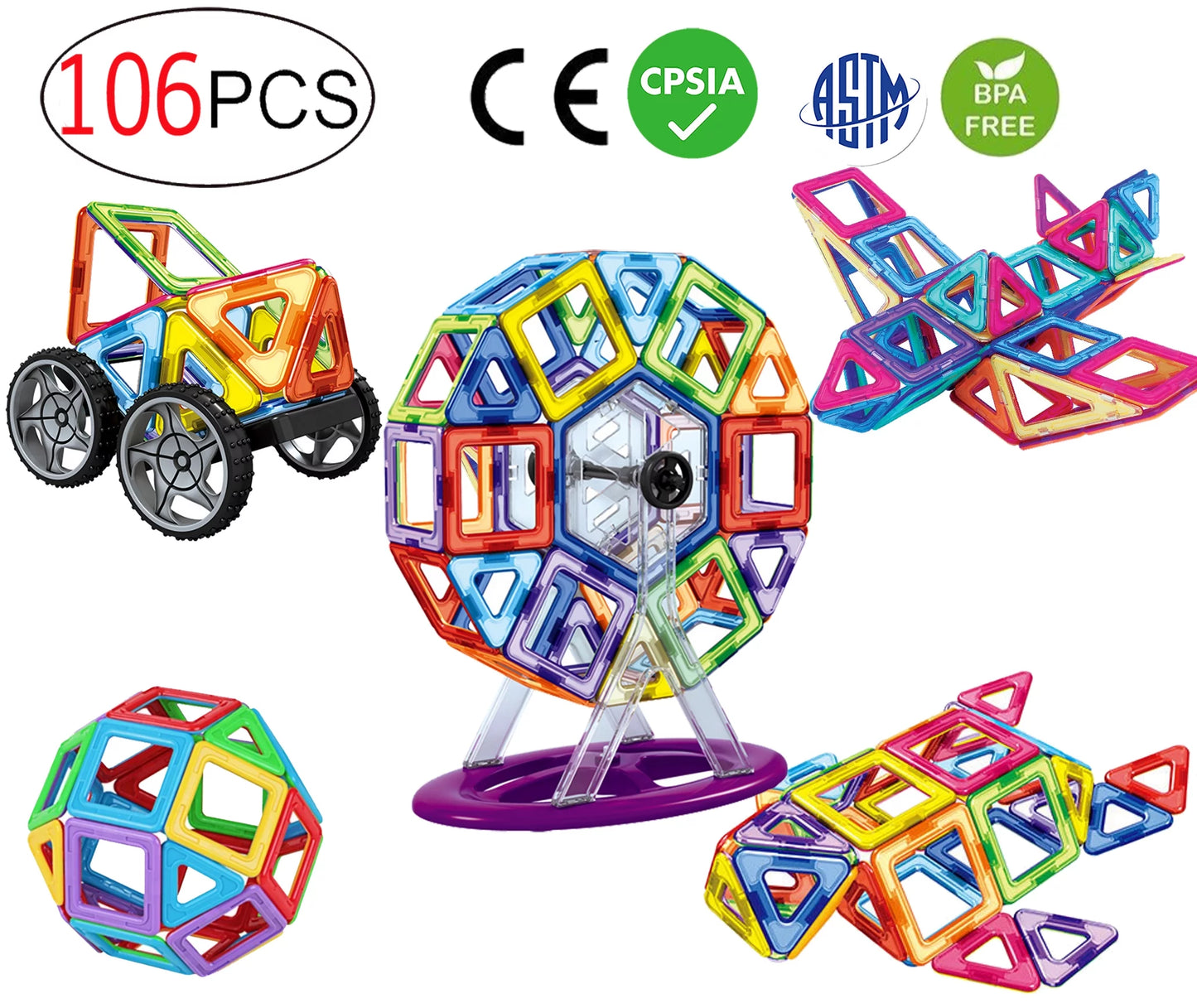 106 PCS Magnetic Tiles Set, STEM Building Block Preschool Educational Construction Kit,3D Magnetic Toys (106 Pieces) Age: 3 and Above