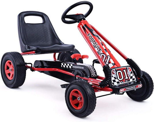 HONEY JOY Kids Go Kart - 4-Wheel Off-Road Pedal Cart with Steering Wheel, Adjustable Seat, Dual Safety Brakes, EVA Tires, Clutch, Outdoor Racing Pedal Car (Red)