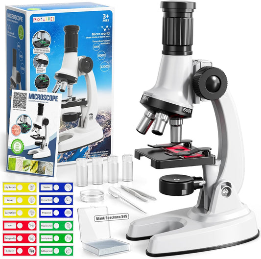 65 Pieces Microscope Kit for Kids Ages 5-7 8-13, 100X-1200X Magnification with 7 Colors of LED Lights and 12 Prepared Slides, Science Experiment STEM Kits for Boys and Girls Age 8-12 Years