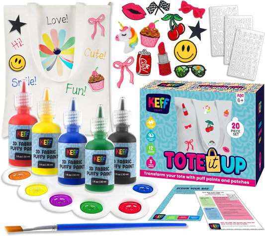 KEFF Decorate Your Own Tote Bag Kit - Crafts for Kids Ages 8-12 with Tote Bag, 12 Embroidered Patches, 5 Colors Fabric Paint (Puff Paint), Paint Brush, Palette, 3-Style Letter Stencils & Instructions
