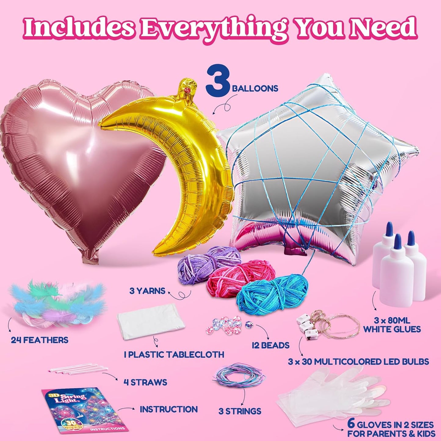 Klever Kits 3D String Art Kit for Kids, Light up String Light Toy with 30 Multi-Colored LED Bulbs, Arts and Crafts Set, Birthday Gifts for Girls and Boys Ages 8+