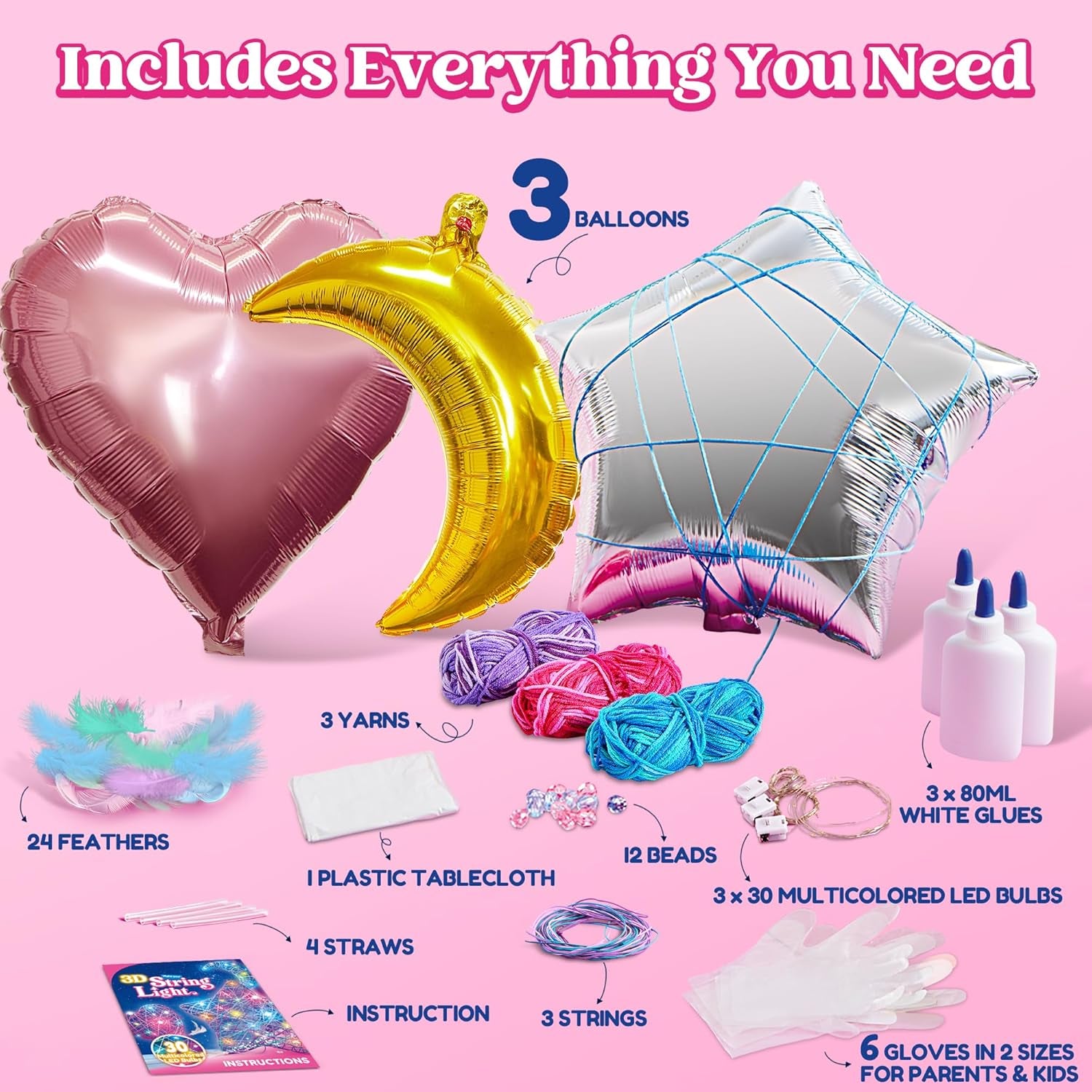Klever Kits 3D String Art Kit for Kids, Light up String Light Toy with 30 Multi-Colored LED Bulbs, Arts and Crafts Set, Birthday Gifts for Girls and Boys Ages 8+