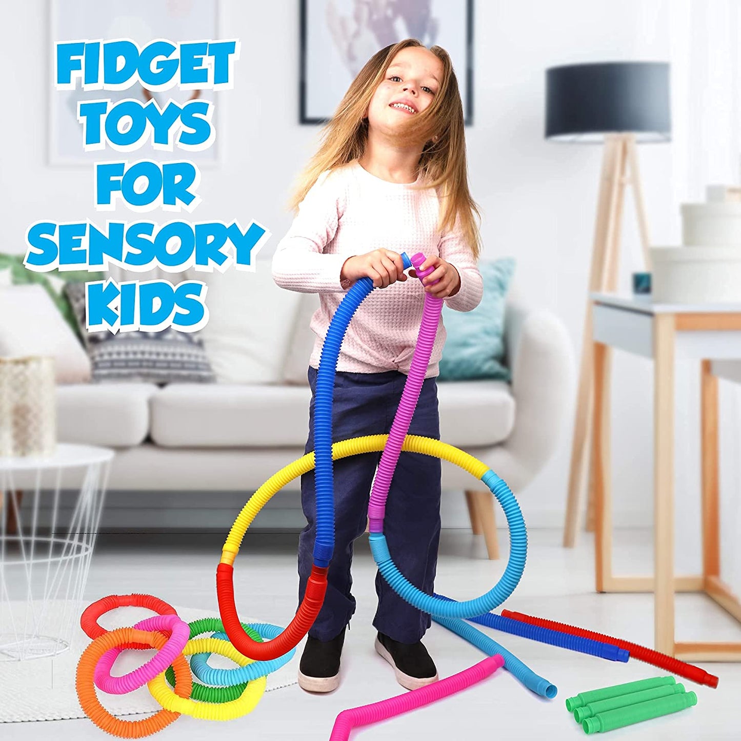 Playkidiz Pop Tubes - 8 Pack Mini 5" Sensory Fidget Tubes, Extending Up to 18" Long, Stress Relief Toy for Children Ages 3 and Up