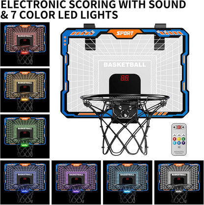 TEMI Remote Controller Indoor Basketball Hoop, 7 LED Light Door Basketball Hoop, Mini Hoop with Scoreboard & 4 Balls,Basketball Toys Gifts for 3 4 5 6 7 8 9 10 11 12 Year Old Boys Girls Kids Teen