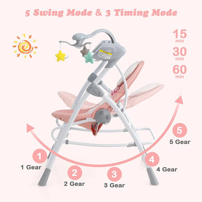 2 in 1 Baby Swing and Bouncer for Infants, Portable Newborn Rocker with 5 Speed Sway Music Timing 3 Toys Remote Control, Easy Fold, Compact Electric Baby Swing for 0-6 Months Boy Girl (Pink)