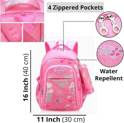 Trendy Water-Repellent Girls' Backpack with Pencil Case - 16" Pink School Bag for Elementary and Kindergarten