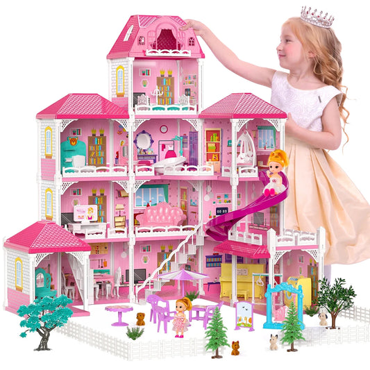 Dollhouse for Girls,4 Stories 12 Rooms Dollhouse with 2 Princesses Slide Accessories,Toddler Playhouse Gift for for 3 -6 Year Old Girls Toys