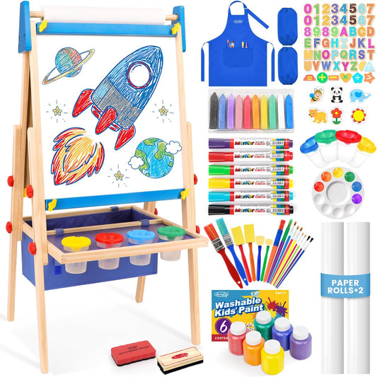 Art Easel for Toddlers Kids, Adjustable Standing Art Easel with Magnetic Chalkboard & Whiteboard, Dry-Erase Board, Paper Roll, Drawing & Painting Easel for Kids Ages 3 4-8 9-12, Blue W/Bag