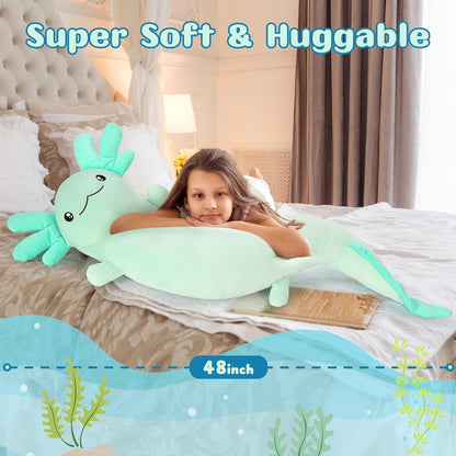 Tezituor 48-Inch Giant Axolotl Plush Pillow - Glow in the Dark Mint Green Stuffed Animal for Kids and Adults, Perfect Gift for Axolotl Enthusiasts