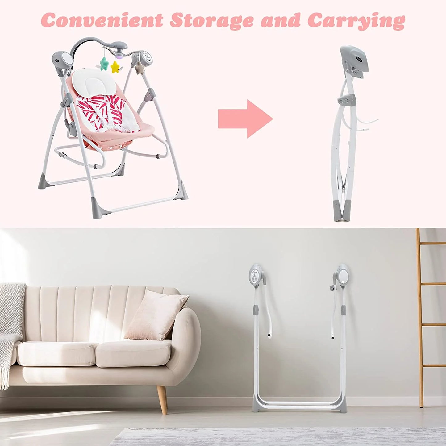 2 in 1 Baby Swing and Bouncer for Infants, Portable Newborn Rocker with 5 Speed Sway Music Timing 3 Toys Remote Control, Easy Fold, Compact Electric Baby Swing for 0-6 Months Boy Girl (Pink)