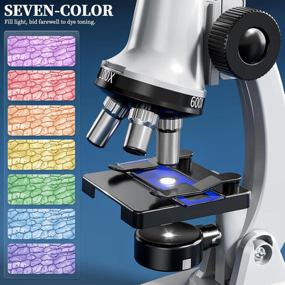 65 Pieces Microscope Kit for Kids Ages 5-7 8-13, 100X-1200X Magnification with 7 Colors of LED Lights and 12 Prepared Slides, Science Experiment STEM Kits for Boys and Girls Age 8-12 Years