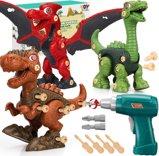 TOY Life 3-Pack Take-Apart Dinosaur Toys with Electric Drill - STEM Building Set for Kids Ages 4-8 - Ideal Birthday Gift for Boys 3-7