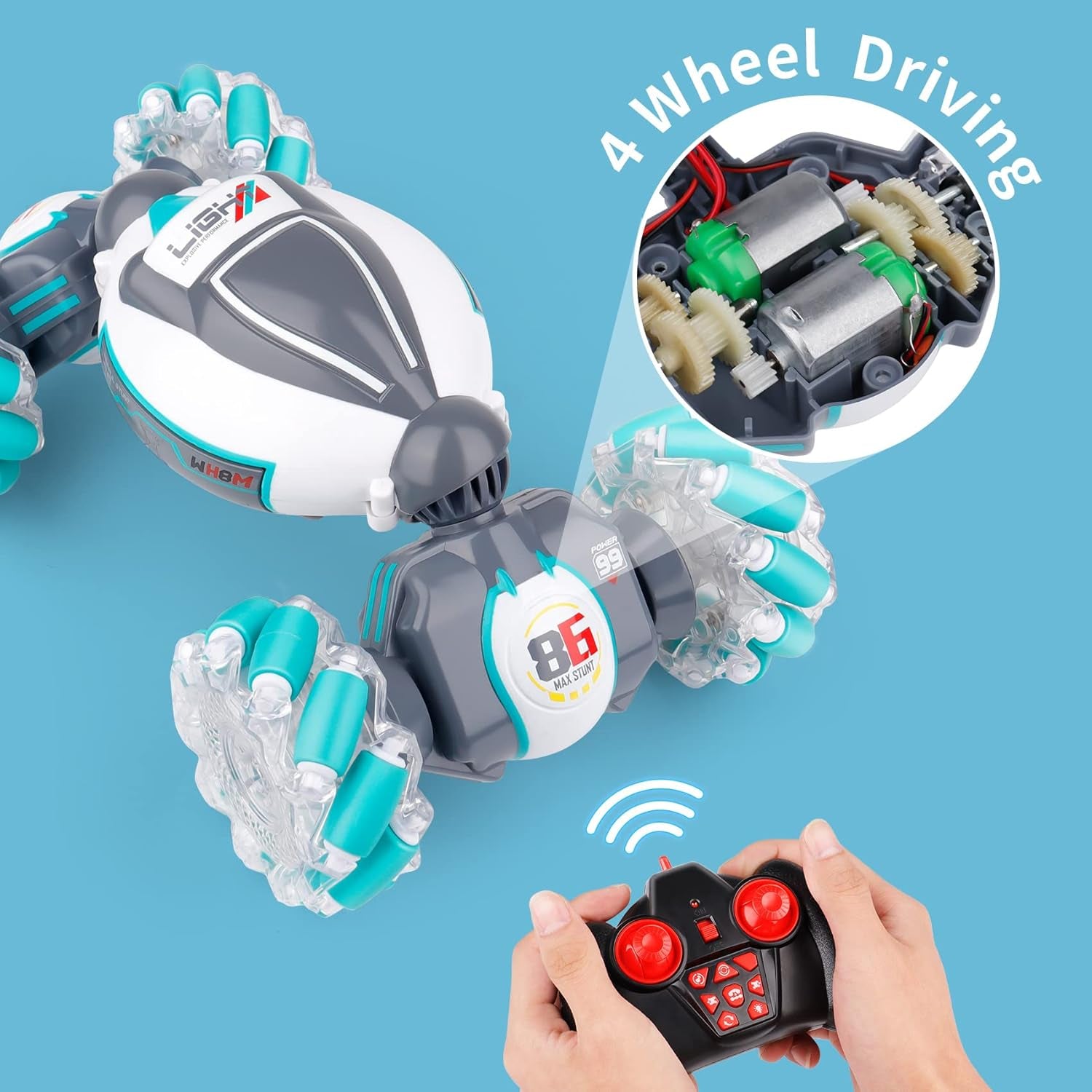 PREPOP Gesture Sensing RC Stunt Car, Birthday for Age 6 7 8-12 13+ Year Old Boys - Cool Toys for Kids, Hand Controlled Remote Control Twist Vehicle with Lights & Music, 4WD Rotating