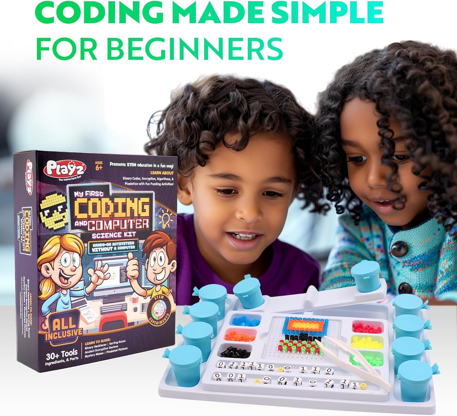 Playz My First Coding & Computer Science Kit - Learn about Binary Codes, Encryption, Algorithms & Pixelation through Fun Puzzling Activities without Using a Computer for Boys, Girls, Teenagers, Kids