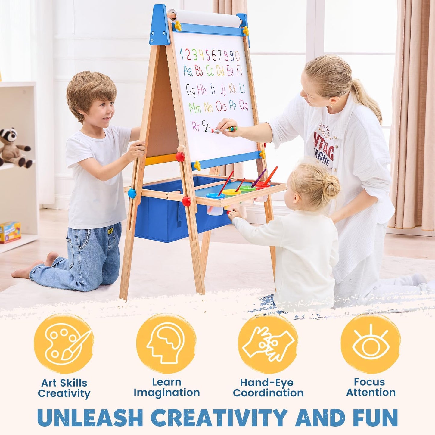 Art Easel for Toddlers Kids, Adjustable Standing Art Easel with Magnetic Chalkboard & Whiteboard, Dry-Erase Board, Paper Roll, Drawing & Painting Easel for Kids Ages 3 4-8 9-12, Blue W/Bag
