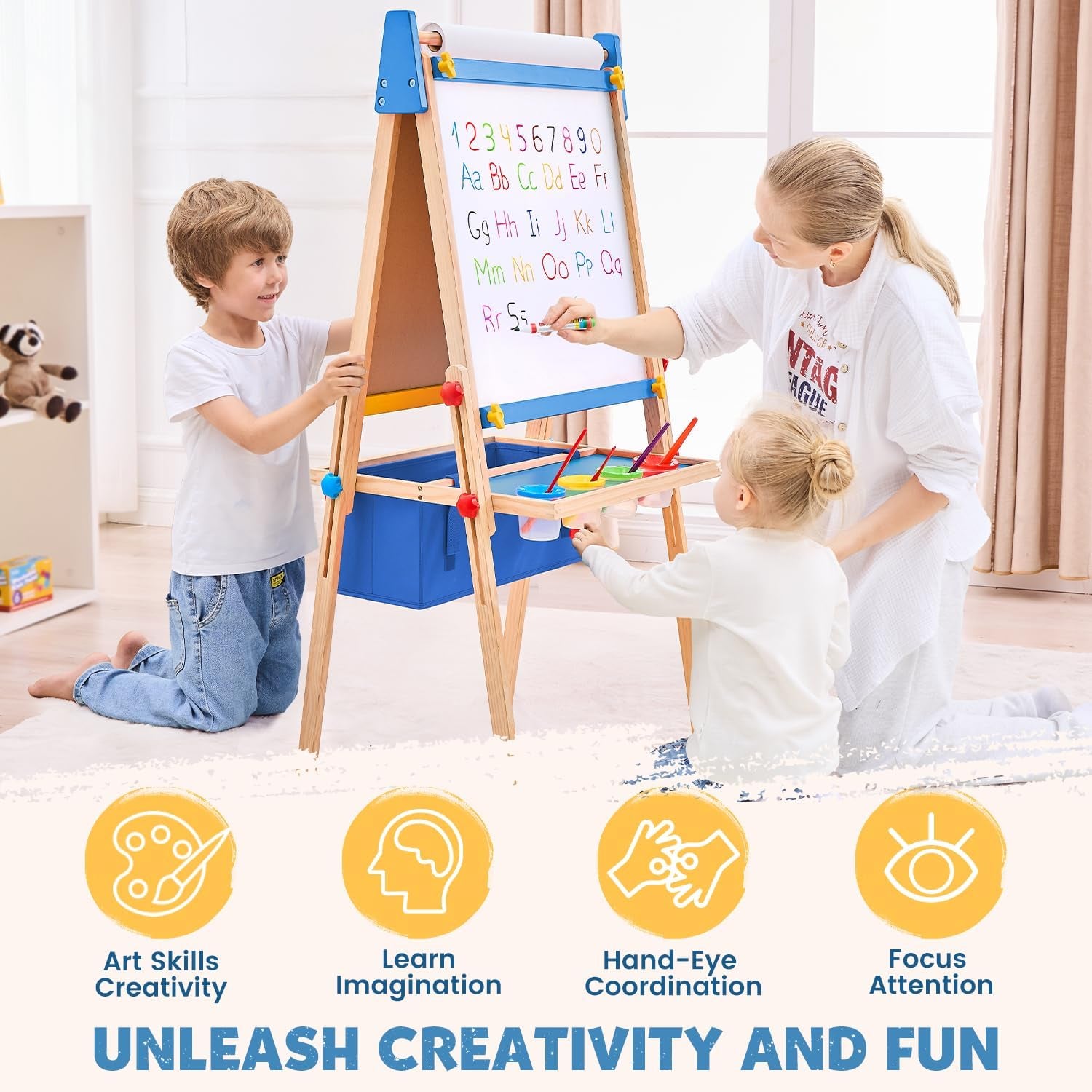 Art Easel for Toddlers Kids, Adjustable Standing Art Easel with Magnetic Chalkboard & Whiteboard, Dry-Erase Board, Paper Roll, Drawing & Painting Easel for Kids Ages 3 4-8 9-12, Blue W/Bag