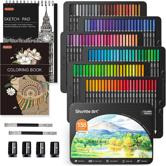 138 Colors Professional Colored Pencils,  Soft Core Coloring Pencils Set with 1 Coloring Book,1 Sketch Pad, 4 Sharpener, 2 Pencil Extender, for Artists Kids Adults Coloring