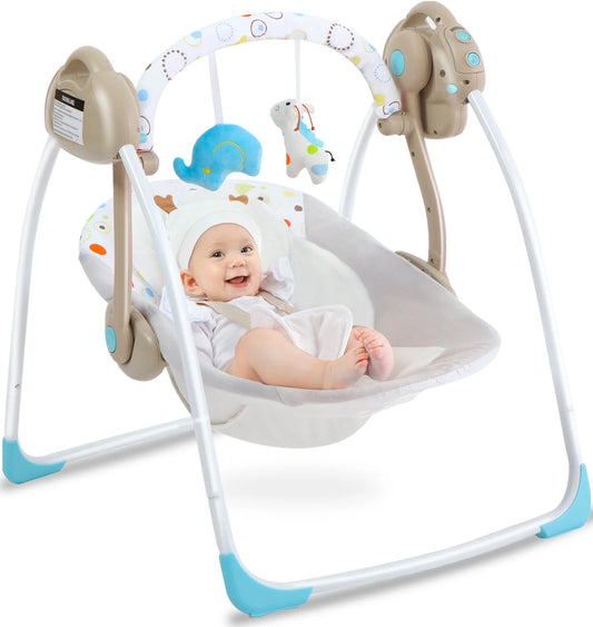 Baby Swing, Foldable Baby Swing for Infants with Adaptable Speeds, Music, 0-9 Months, Khaki