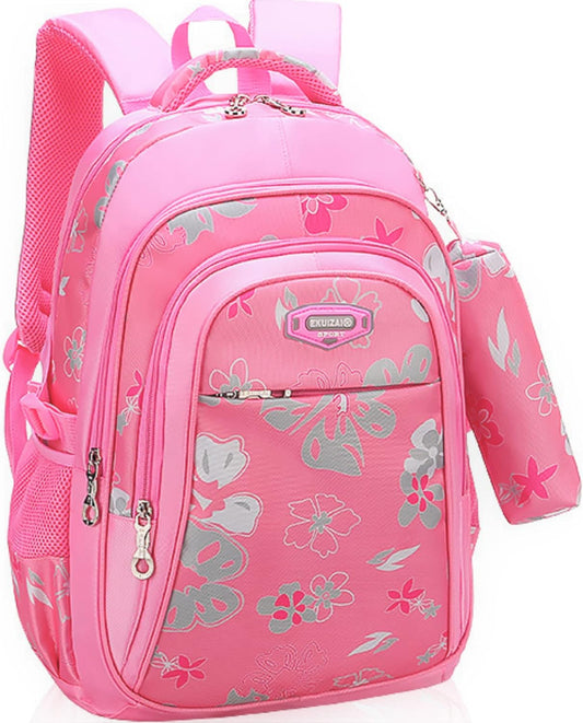 Trendy Water-Repellent Girls' Backpack with Pencil Case - 16" Pink School Bag for Elementary and Kindergarten