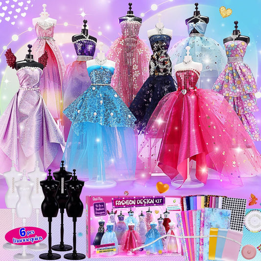 ONE to FOUR 800+Pcs - Fashion Designer Kit for Girls with 6 Mannequins - Arts and Crafts Kit- Sewing Kit for Kid Ages 8-12 -Girl Gift Age 6 7 8 9 10 11 12-Gifts for Teen Girls