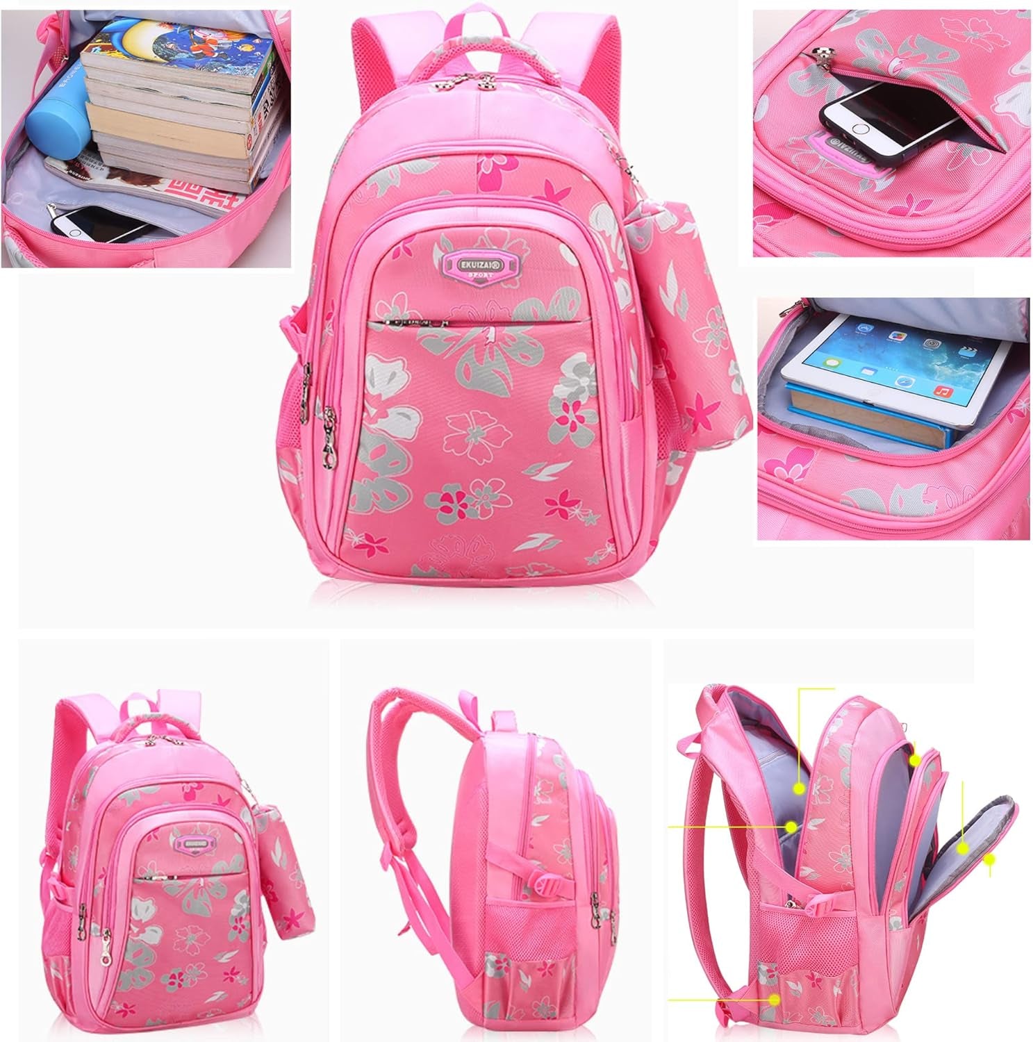 Trendy Water-Repellent Girls' Backpack with Pencil Case - 16" Pink School Bag for Elementary and Kindergarten