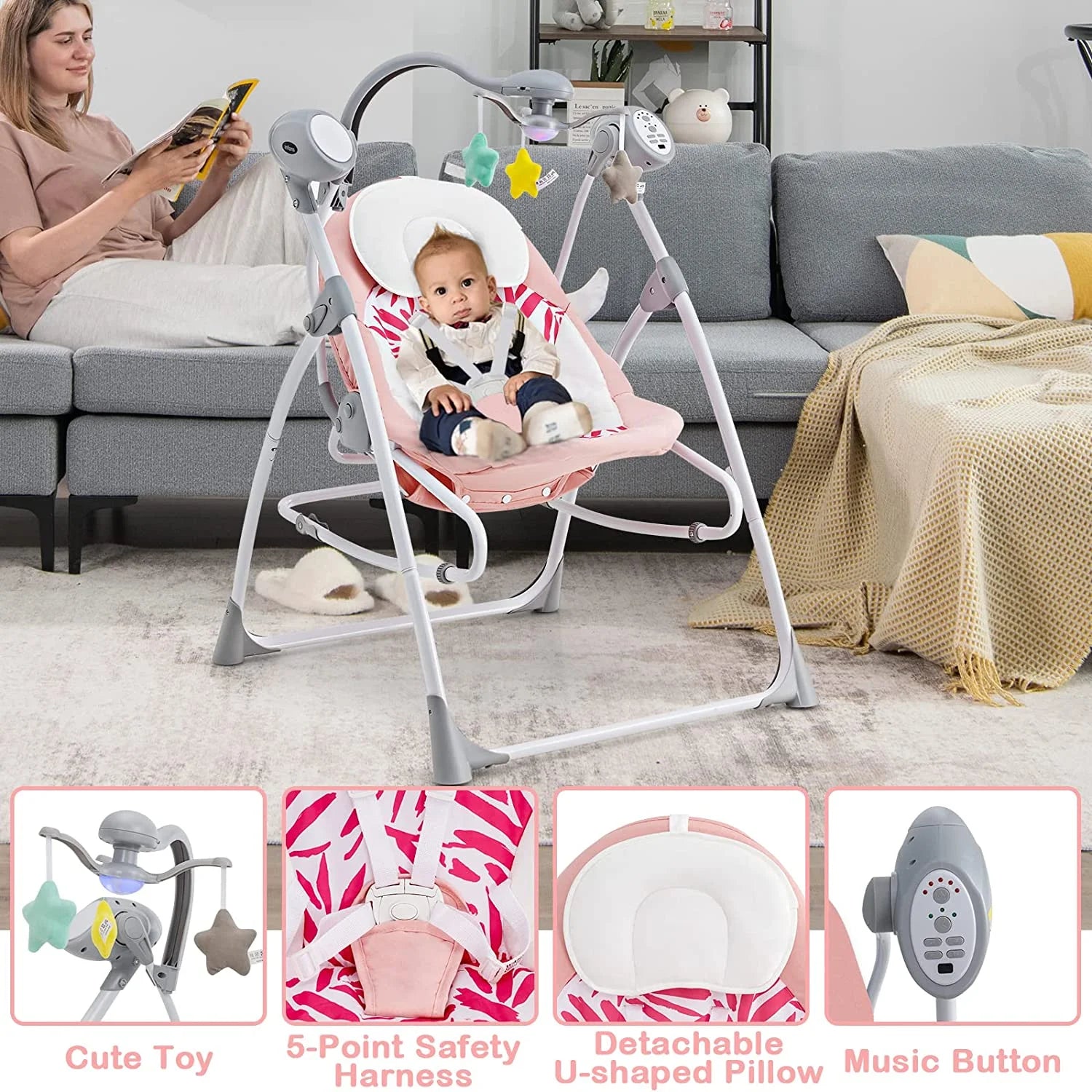 2 in 1 Baby Swing and Bouncer for Infants, Portable Newborn Rocker with 5 Speed Sway Music Timing 3 Toys Remote Control, Easy Fold, Compact Electric Baby Swing for 0-6 Months Boy Girl (Pink)