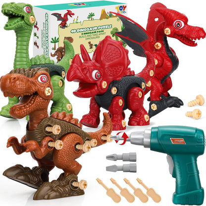 TOY Life 3-Pack Take-Apart Dinosaur Toys with Electric Drill - STEM Building Set for Kids Ages 4-8 - Ideal Birthday Gift for Boys 3-7