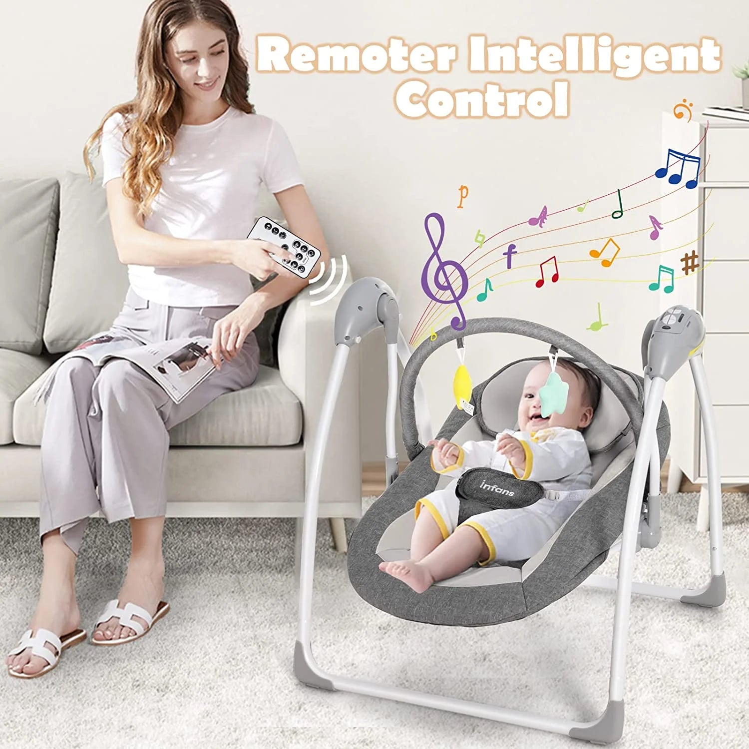 Baby Swing for Infants, Compact Portable Electric Baby Rocker for Newborn W/ 5 Speeds Timing