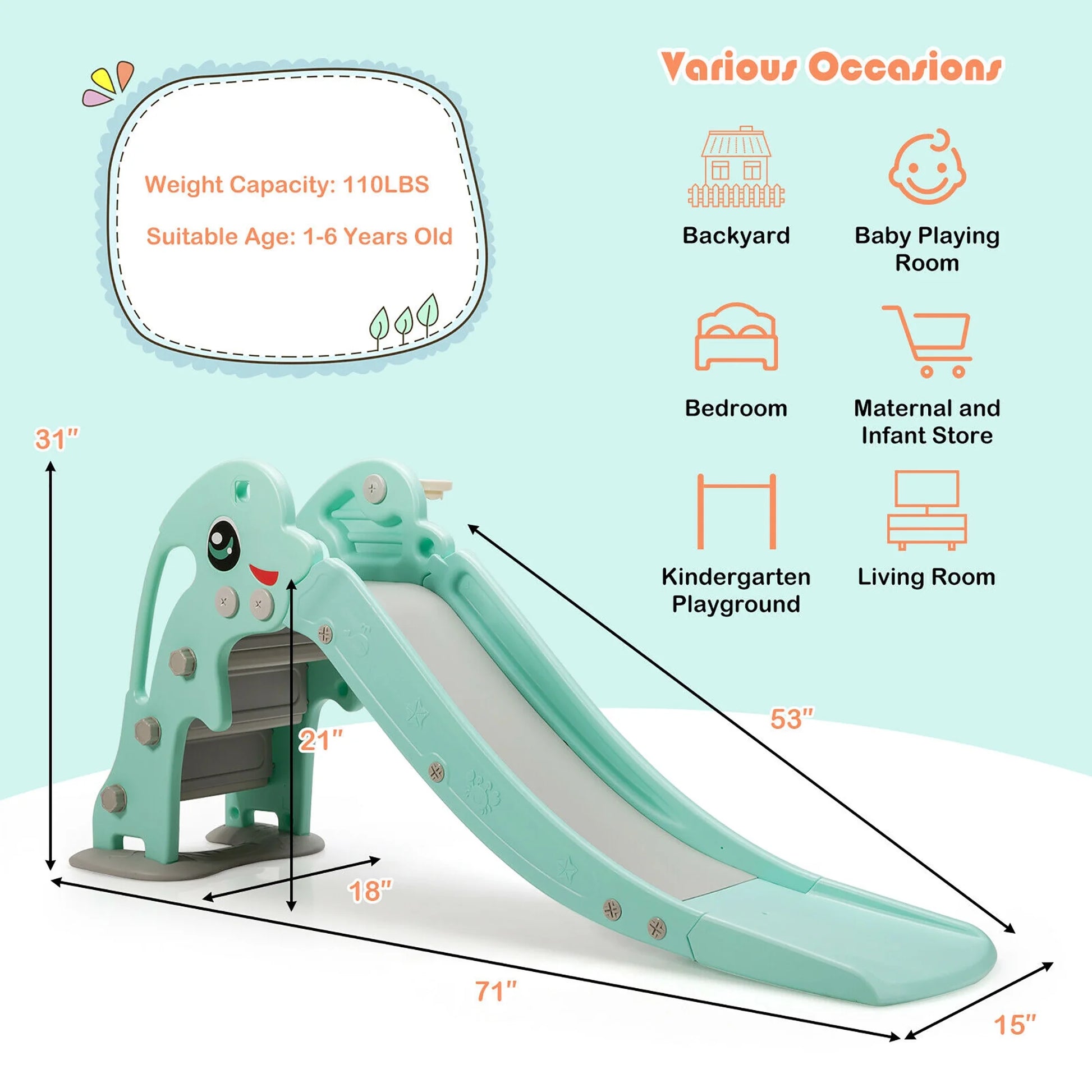 3-In-1 Kids Climber Slide Play Set W/Basketball Hoop Indoor & Outdoor Green