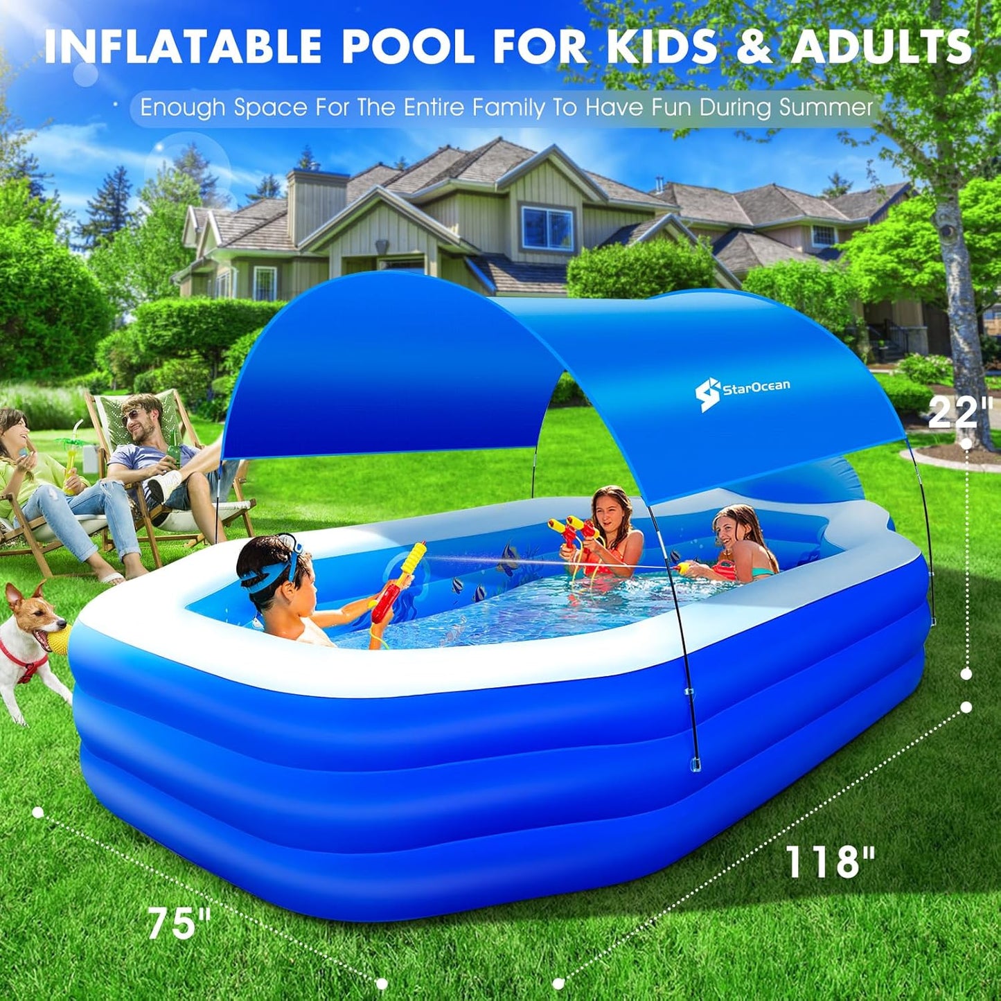 Starocean Inflatable Pool with Canopy, Large Inflatable Swimming Pool for Kids,Adult, Blowup Pools with Seats,Backrest.Durable Thickened Inflatable Family Pools for Backyard,Dark Blue-118"X75"X22"