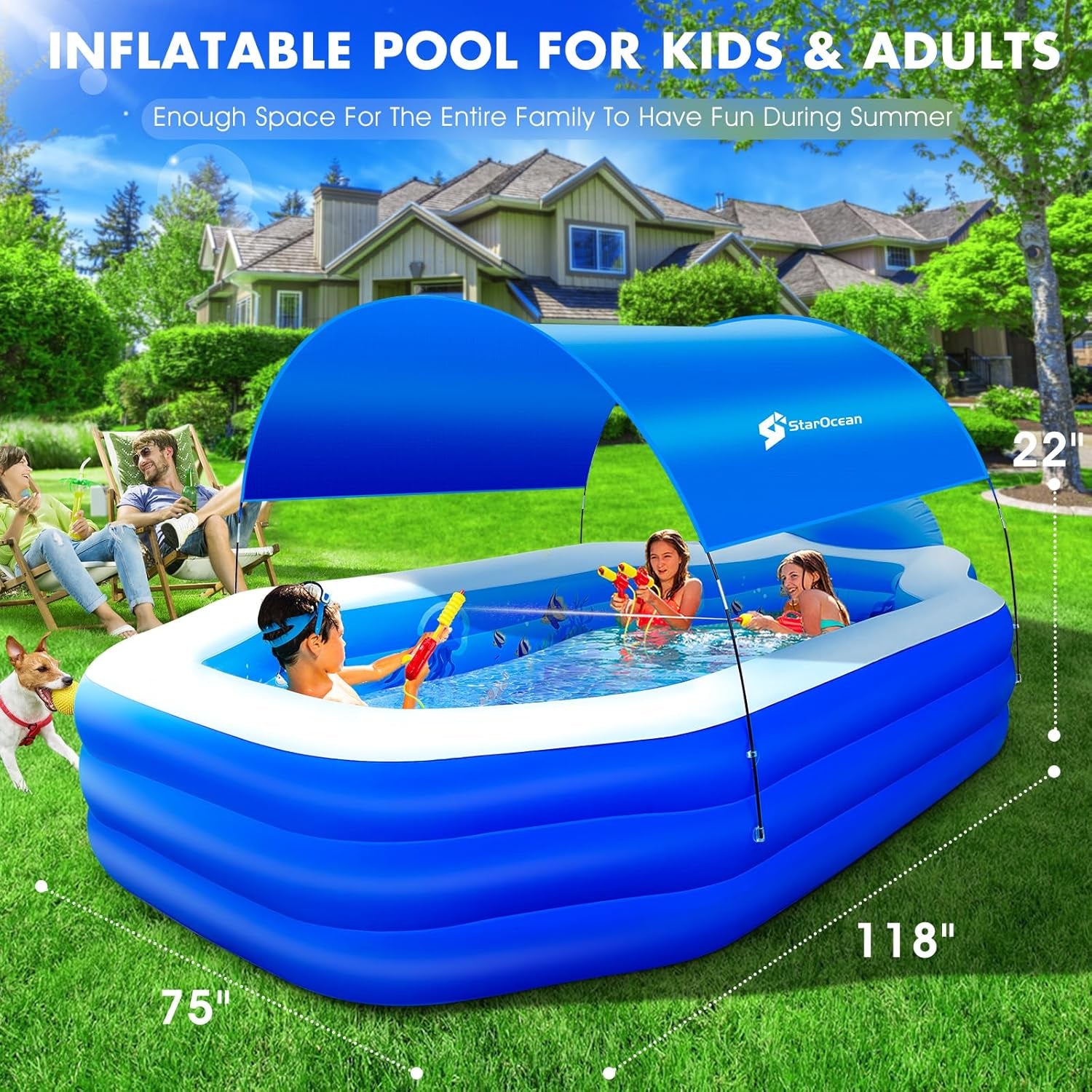Starocean Inflatable Pool with Canopy, Large Inflatable Swimming Pool for Kids,Adult, Blowup Pools with Seats,Backrest.Durable Thickened Inflatable Family Pools for Backyard,Dark Blue-118"X75"X22"